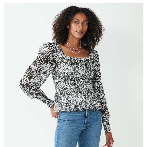 Nine West Black White Zebra Print Square Neck Smoked Lined Long Sleeve Blouse L - Picture 1 of 8